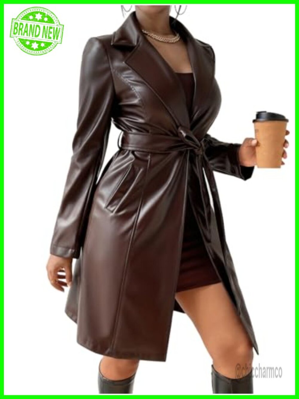 Women's Faux Leather Belted Long Trench Coat Classic Lapel